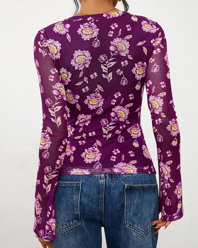 BTFBM Button Down Shirts for Women 2026 Fall Boho Tops V Neck Long Sleeve Blouses Ruched Mesh Fitted Fashion Clothing
