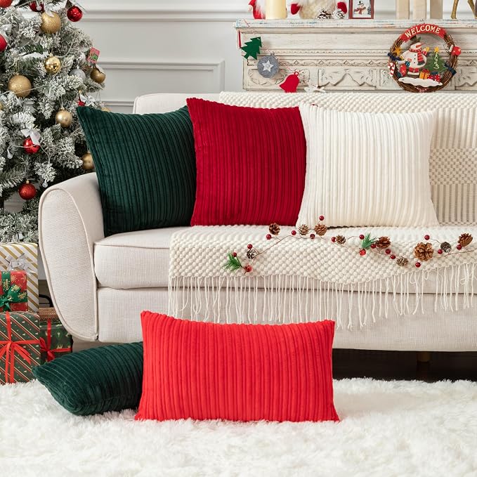 UGASA Decor Corduroy Striped Velvet Cushion Cover Velvet Pillow Covers for Sofa/Couch/Bedroom, 1 Pack, 20"x20"(50x50cm), Cream