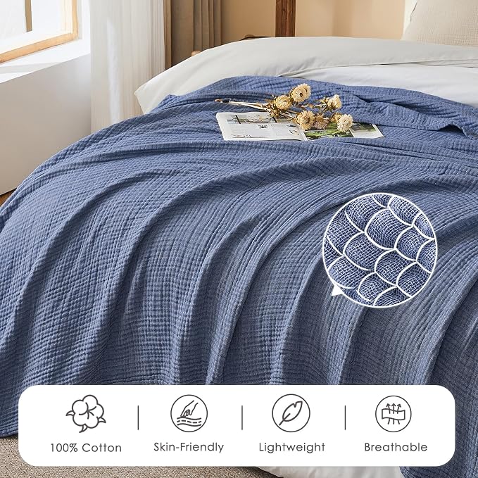 EMME Muslin Blankets for Adults, Cotton Large Throw Blanket 4-Layer, Couch Breathable Gauze Soft Lightweight Bed Blankets, Two-Tone Weave Design, Pre-Washed Softer Touch (Heather Navy, 50"x70")