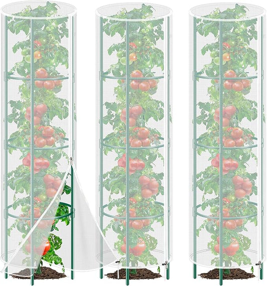 3 Pack Garden Bird Netting Plant Cover for Round Tomato Cage, 61"x13" Insect Bird Barrier Tomato Cage Net with Zipper & Drawstring, Tomato Trellis Netting Protection Cover for Protecting Plants