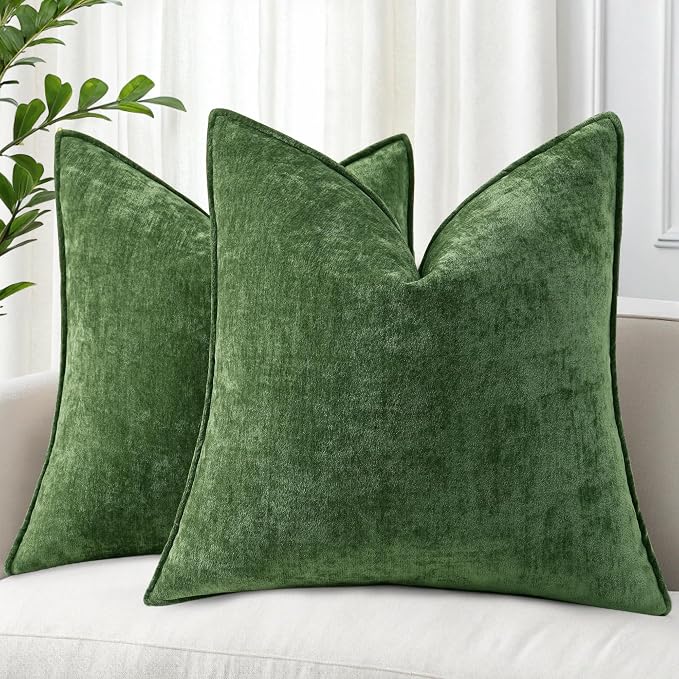 decorUhome Chenille Moss Green Velvet Throw Pillow Covers 16x16 Set of 2 | Fall Soft Couch Decorative Modern Farmhouse Pillow Cases with Elegant Design for Sofa Bed Living Room Home Decor
