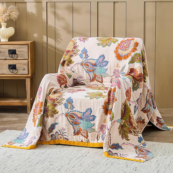 XIBLC Boho Throw Blanket 100% Cotton Vintage Blanket Muslin Woven Flower Decorative Throw Blankets All Season Bohemian Rustic Farmhouse Decor Quilt for Bed (Beige 80"x90")