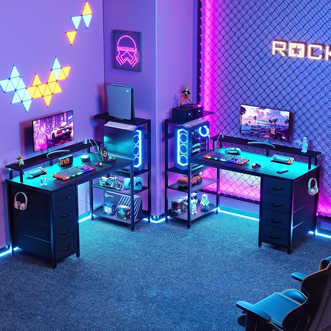 59 Inch Gaming Desk with Drawers & PC Tower Stand & LED Lights, Black | Reversible, Monitor Shelf, Power Outlets, Carbon Fiber, Mesa Gamer, Computer Desk with Storage, Gaming Table for Home Office
