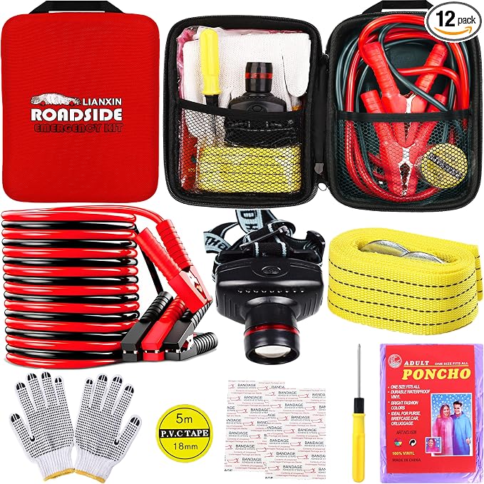 LIANXIN Roadside Emergency Kit Auto Safety Kit with Jumper Cables Headlamp | Gifts for New Drivers Storage Bag with Tow Rope, Gloves, Rainwear, Screwdriver,for Breakdowns, Travel and Winter Emergencies