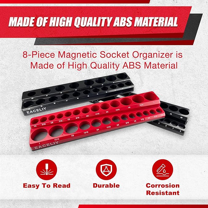 8Pcs Magnetic Socket Organizer Set, 1/2", 1/4" and 3/8" SAE & Metric Deep & Shallow Tools Tray Holder Kit, holds 199pcs Sockets (sockets not included) (8PC 1/2&3/8&1/4)