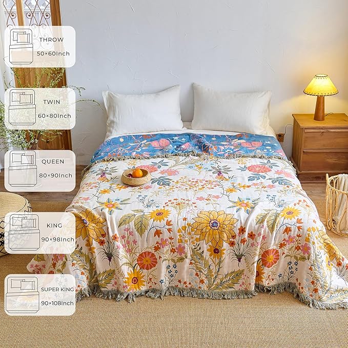 Boho Throw Blanket for Home Decor,Ultra Soft Spring Rustic Classic Quilt,100% Cotton Muslin Blankets for Adults, Reversible Woven Decorative Blanket for Bed Layering Use, Colorful Floral, 60"x80"