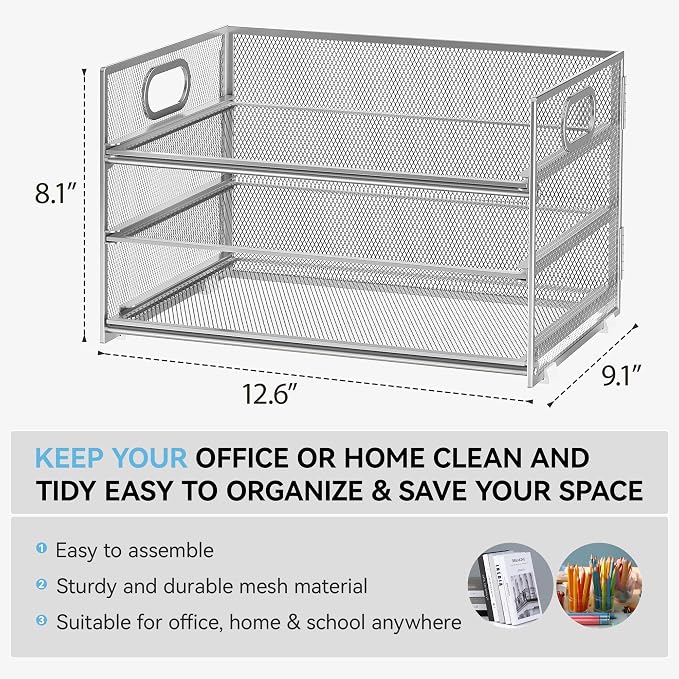Subekyu 3 Tier Paper Desk Organizer with Handle and 1 PC Slideable Letter Tray, A4 Paper File Folder Sorter Metal Mesh Organizer for Home Office School Desk Supplies Organization Storage, Silver