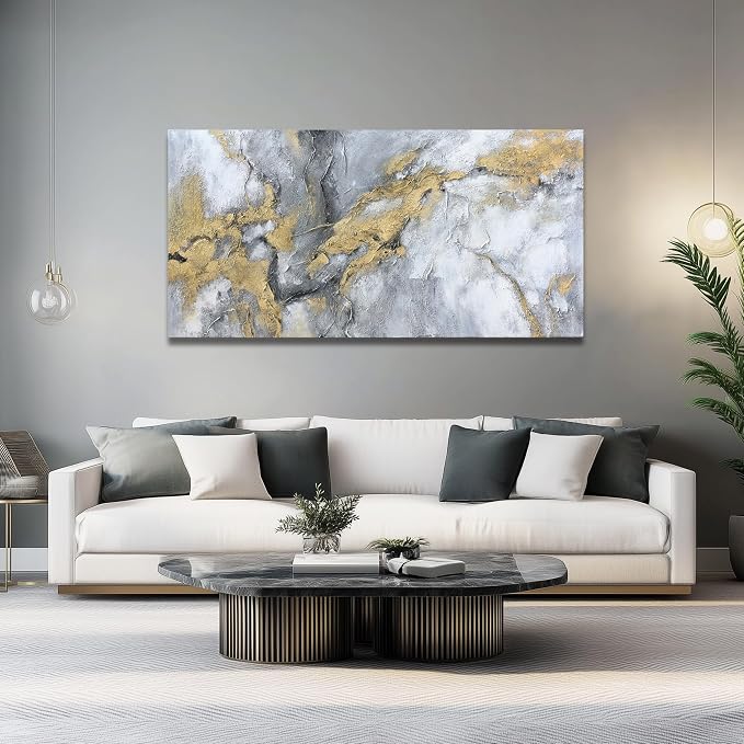Belmrxne Abstract Wall Art for Living Room Large Grey and Gold Wall Decor Unique Canvas Painting Luxury Wall Prints Aesthetic Bedroom Hanging Artwork 29x58 Inches