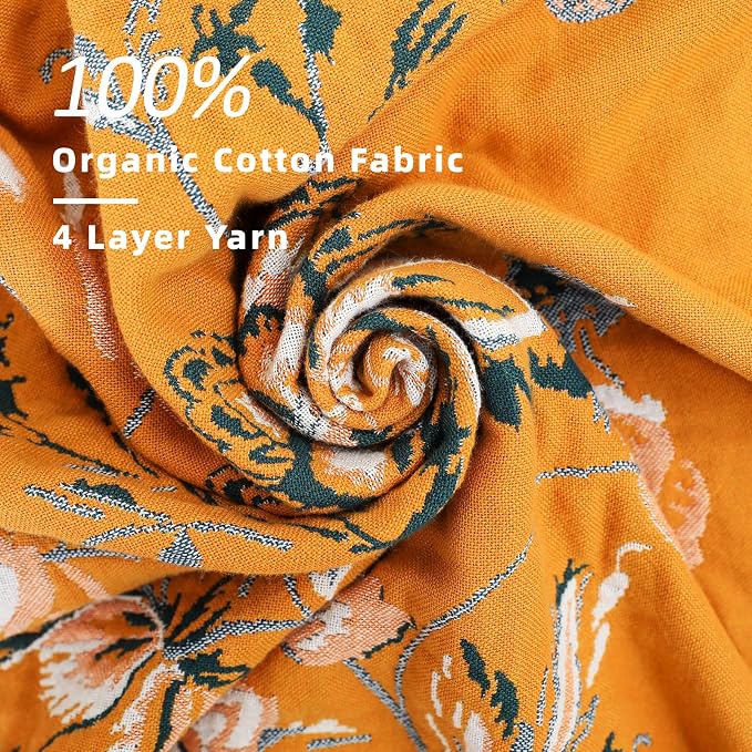 VANJOROY Boho Throw Blanket, 100% Organic Cotton Breathable Skin-Friendly Ultra Soft 50" x 60" Bed Yellow Throw - Floral Rustic Decor Luxury Reversible Blanket for Sofa Couch Chair and Gift,
