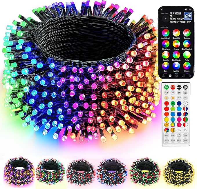 Dazzle Bright Smart Christmas String Lights, 98FT 300 LED RGB Color Changing String Lights with Remote & App Controlled, Halloween Decorations for Indoor Outdoor Holiday Xmas Tree Party Decor