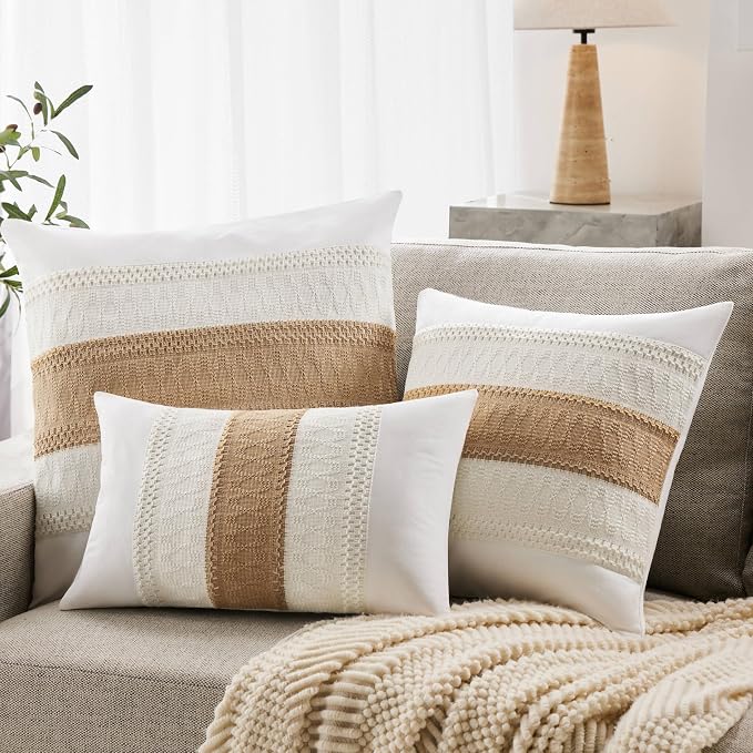 2pk Boho Pillow Covers 16x16, Natural White/Contrast/Brown | 100% Organic Cotton Body, Stripe Embroidery, Farmhouse Decorative Cushion Covers for Sofa Bed Living Room Home Decor