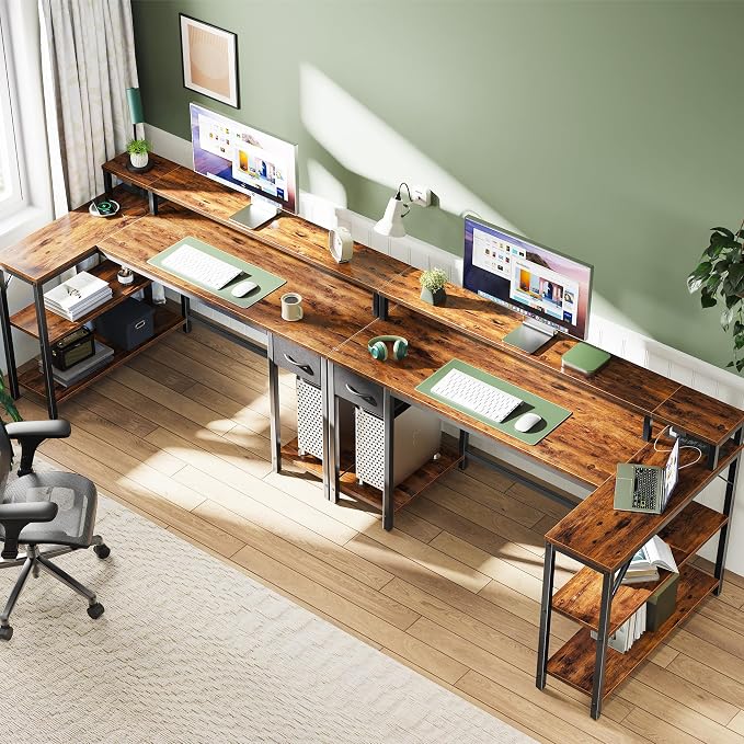 SUPERJARE 53 inch Reversible L Shaped Desk with LED Lights & Power Outlets, Computer Desk with Shelves & Monitor Stand, Gaming Desk with Drawer, Home Office Desk Corner Desk, Rustic Brown