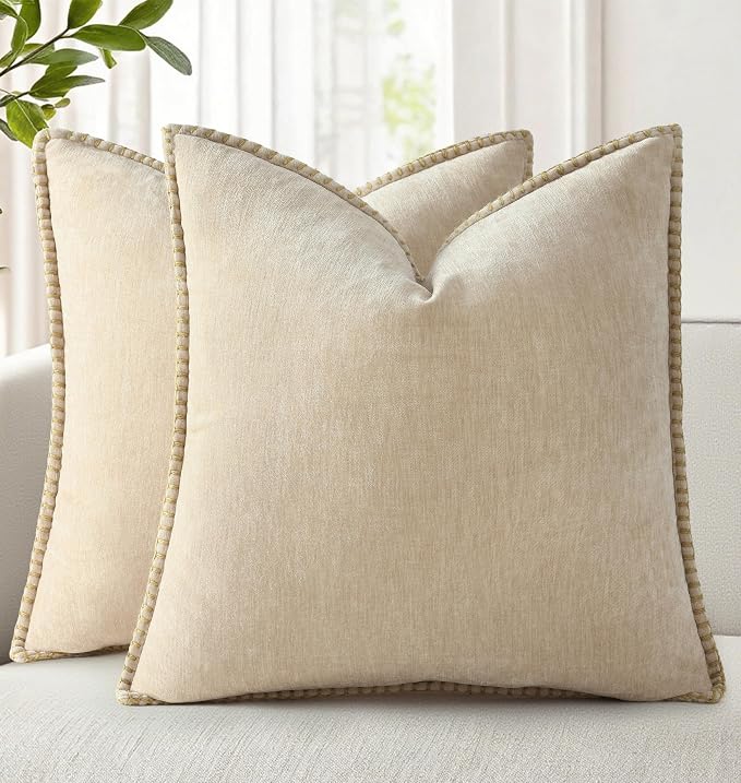 decorUhome Soft Chenille Throw Pillow Covers 16x16 Set of 2 Beige | Fall Textured Decorative Throw Pillow Cases Stitched Edge Modern Farmhouse Luxury Boho Velvet for Couch Sofa Bed Home Decor