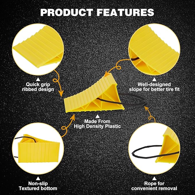 PAHTTO Wheel Chocks, 4Pack Heavy Duty Wheel Chocks with Rope for Easy Removal, Durable, Non-Slip, Hard Plastic Wheel Chocks for, RV, Camper, Effective in Keeping Your Vehicle in Place, Yellow