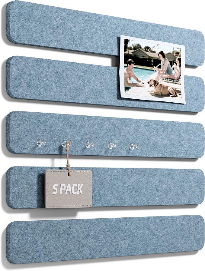 Fluxynara 13" x 2" Felt Wall Panels, Dusty Blue | 5-Pack Cork Board Alternative with 35 Push Pins, Adhesive Mounting for Bedroom Door or Home Office