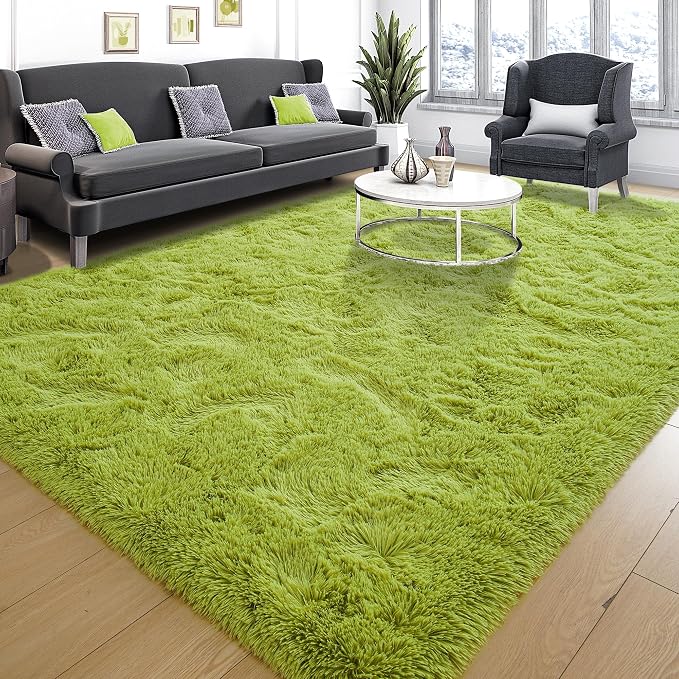 Tepook Fluffy Grass Green Rugs for Living Room Bedroom, 8x10 Soft Area Rug Moss Green Kids Girls Boys Rug, Indoor Plush Shaggy Non-Slip Carpet for Nursery Classroom Dorm Home Decor