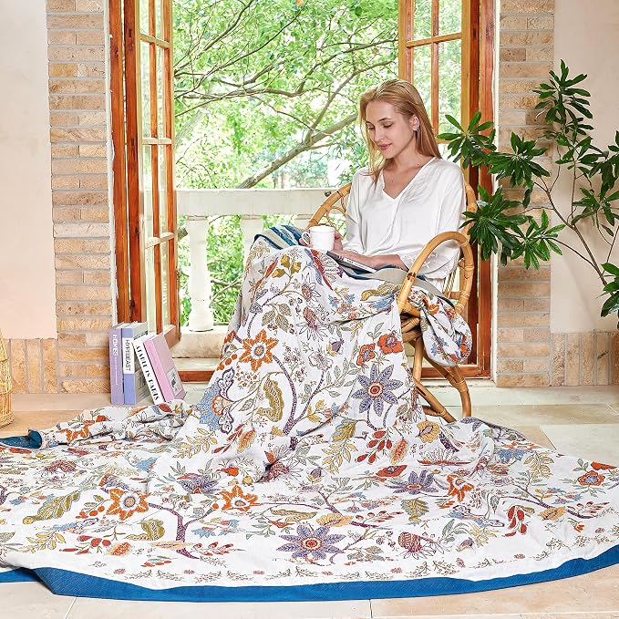 VANJOROY Boho Throw Blanket, 100% Organic Cotton Breathable Skin-Friendly Ultra Soft Bed Quilt Throw - All Season Floral Farmhouse Décor Luxury Blanket for Sofa Couch Chair and Gift. 50" x 60"