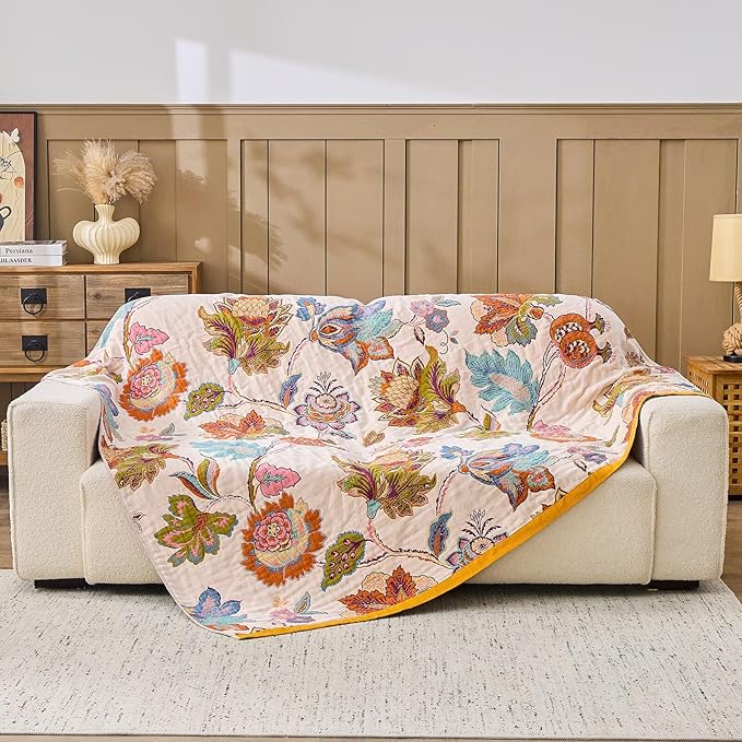 XIBLC Boho Throw Blanket 100% Cotton Vintage Blanket Muslin Woven Flower Decorative Throw Blankets All Season Bohemian Rustic Farmhouse Decor Quilt for Bed (Beige 80"x90")