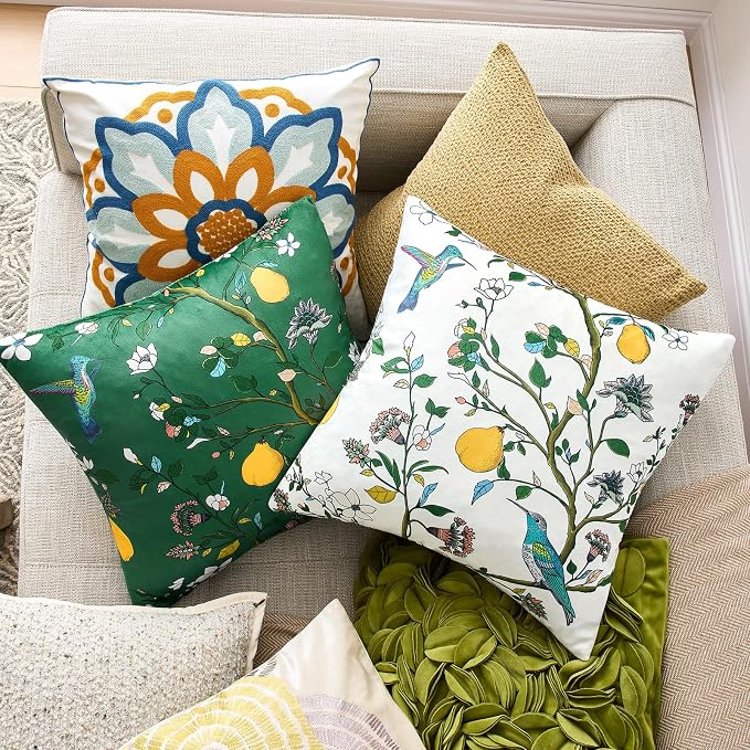 Ivory White Velvet Floral Decorative 12x20 Lumbar Pillow Covers Set of 2 | Durable and Sturdy,Botanical Printed Pattern,Throw Pillows Case,Rectangle,Colorful Farmhouse,Home Sofa Bed Couch Decor