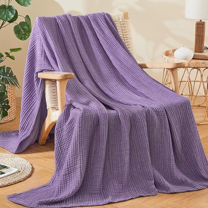 EMME Cotton Muslin Large Throw Blanket Couch Breathable Gauze Soft Lightweight Bed Blankets Adults (Heather Purple, 50"x70") | 4-Ply Two-Tone Yarn - Soft Throw Blanket for Adults, Breathable and Prewashed, for Sofa and Bed All Year Round