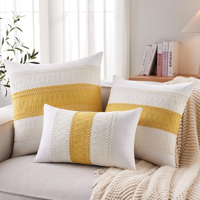 2pk Boho Pillow Covers 20x20, Natural White/Contrast/Mustard Yellow | 100% Organic Cotton Body, Stripe Embroidery, Farmhouse Decorative Cushion Covers for Sofa Bed Living Room Home Decor