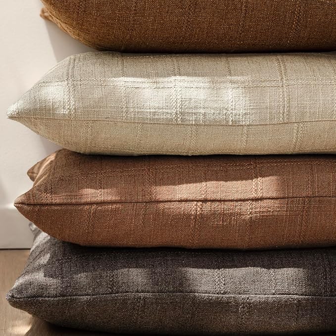 Foindtower Set of 2 Decorative Linen Check Throw Pillow Covers Neutral Farmhouse Vintage Cushion Covers Modern Boho Home Decor for Sofa Chair Couch Bedroom Living Room,20×20 Inch,Autumnal Red