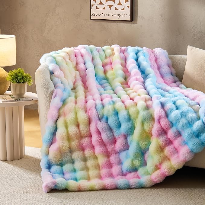 DOWNCOOL Large Faux Rabbit Fur Throw Blanket, Soft Fluffy Fuzzy Plush Bubble Blanket for Couch Sofa & Bed, Cozy Warm Luxury Fleece Minky Blanket, 90x90 Inches Rainbow