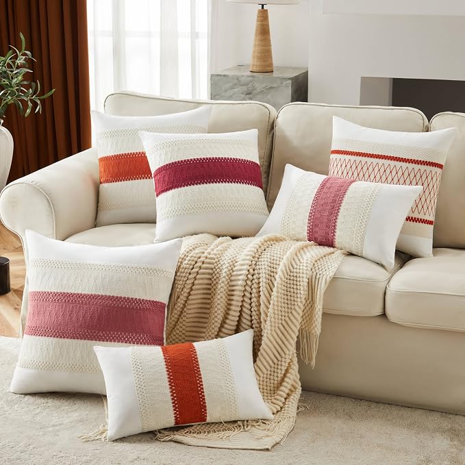 2pk Boho Pillow Covers 22x22, Natural White/Contrast/Red | 100% Organic Cotton Body, Stripe Embroidery, Farmhouse Decorative Cushion Covers for Sofa Bed Living Room Home Decor