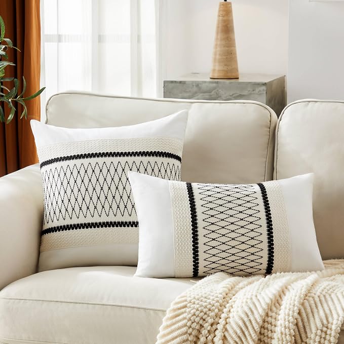 2pk Boho Pillow Covers 12x20, Natural White/Grid/Black | 100% Organic Cotton Body, Stripe Embroidery, Farmhouse Decorative Cushion Covers for Sofa Bed Living Room Home Decor