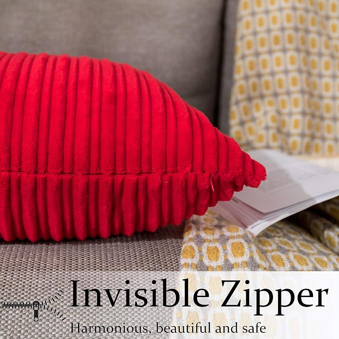 UGASA Nordic Solid Striped Velvet Pillow Covers Christmas Decor Simple Modern Sofa Cushion Cover Bed Velvet Square Pillowcase, 2 Pc, 20"x20",Red