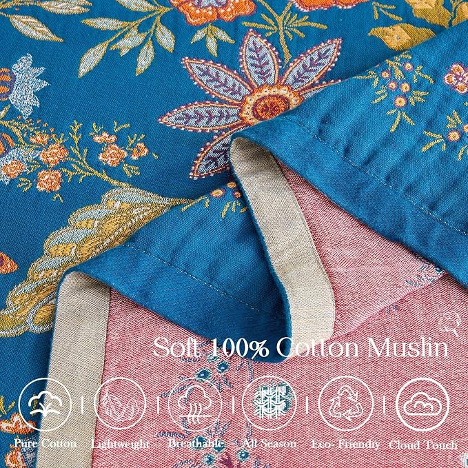 XIBLC Fall Throw Blanket for Couch, Blue Boho Decorative Throw Blanket, 100% Cotton Muslin Breathable Woven Farmhouse Blankets Quilt, 90"x98" Reversible Lightweight Blankets Bohemian Throw Quilt