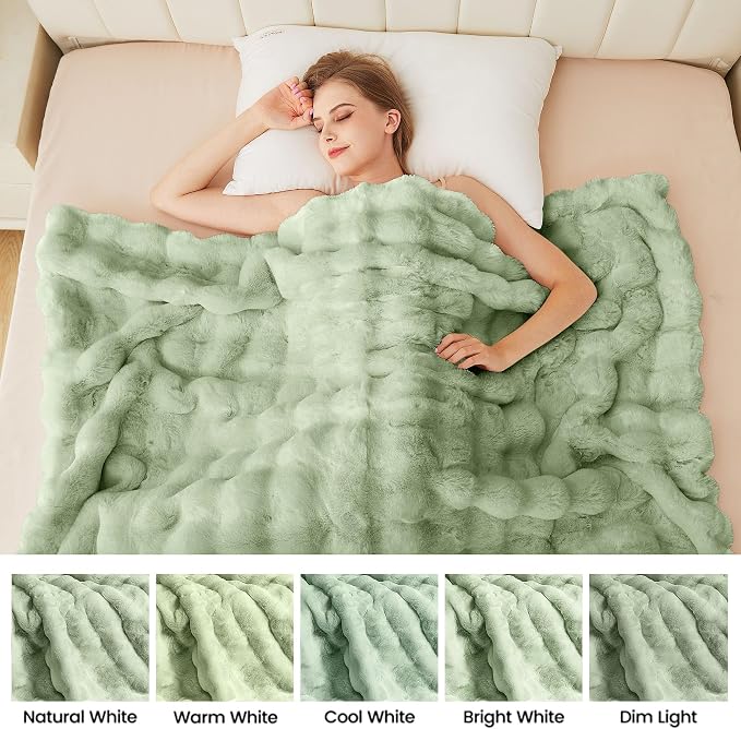 ORINOVA Sage Green Twin Size Blanket for Bed, 60x80 Ultra Soft Faux Rabbit Fur, Fuzzy Fluffy Plush Bubble Texture, Cozy Warm Reversible Throw for Couch, Bedroom Dorm Decor, Gifts for Women