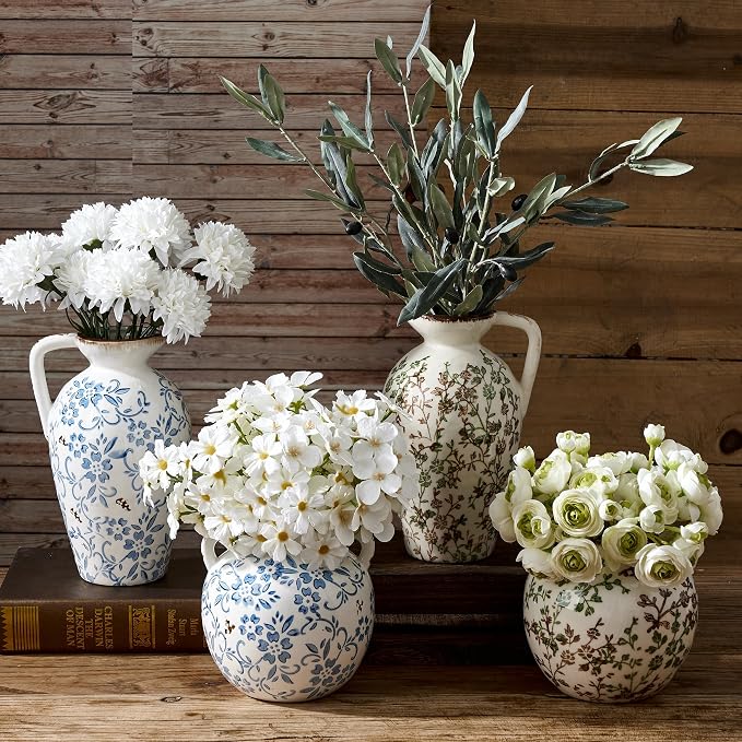 Green and Beige Antique Vase, 5.6 Inch Vintage Chinoiserie Floral Vase, Rustic Ceramic Vase for Home Decor, Living Room, Bookshelf, Office, Entryway, Garden, Chinoiserie Decor, Tuscan Decor