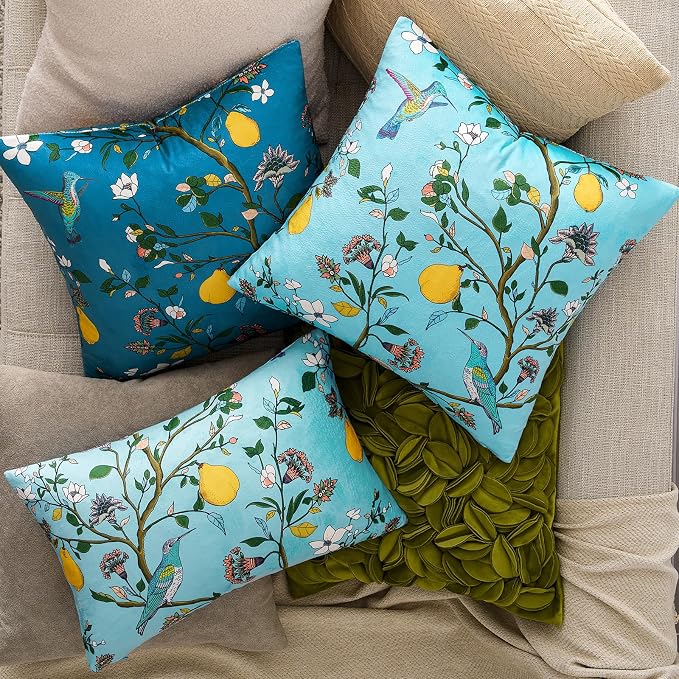 MUSSEL Sky Blue Velvet Floral Decorative 20x20 Pillow Covers Set of 2 | Durable Sturdy,Botanical Printed Pattern,Throw Pillows Case,Square,Colorful Mid Century Cushion Covers,Sofa Couch Decor