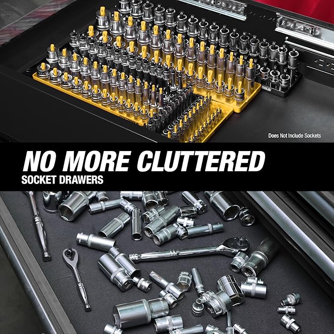 OEMTOOLS 22238 6 Piece SAE and Metric Socket Tray Set, SAE and Metric Socket Storage for Sizes 1/4", 3/8”, and 1/2" Drive, Socket Holders and Socket Organizer Tray for Toolbox, Black and Yellow