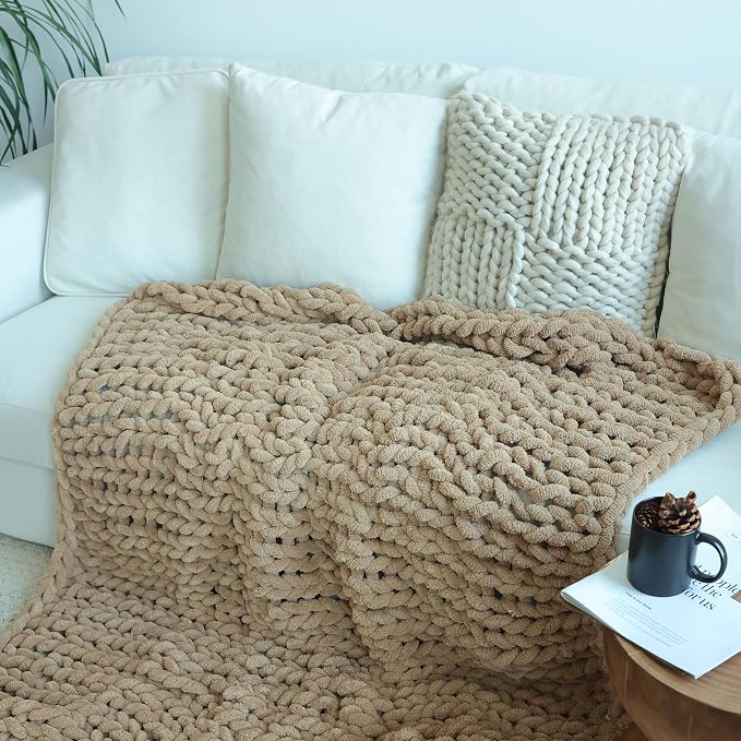 Maetoow Chenille Chunky Knit Blanket,Handmade Cozy for Home Decor,40×50,Khaki