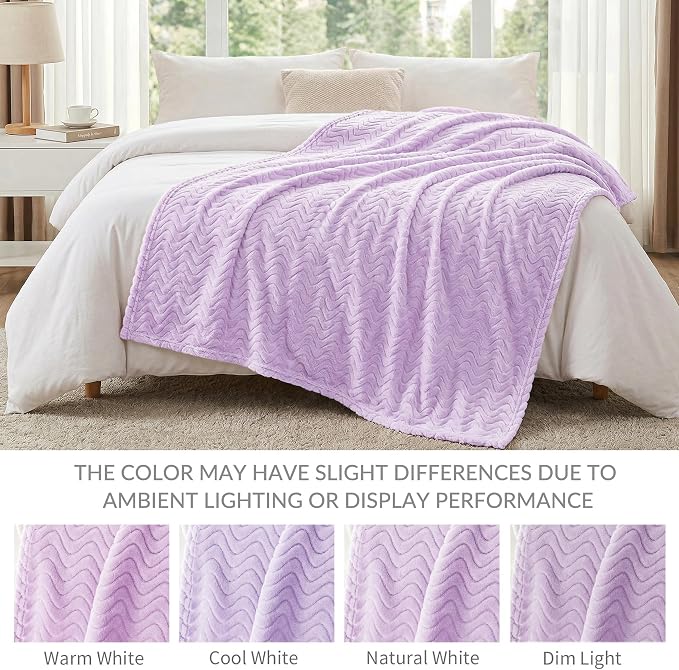 Exclusivo Mezcla Soft Fleece Blanket Twin Size for Bed, Sofa, Lilac Purple | 90"x66" Breathable Lightweight Flannel Blanket for Summer, Plush Cozy Jacquard Wave for Home Decor