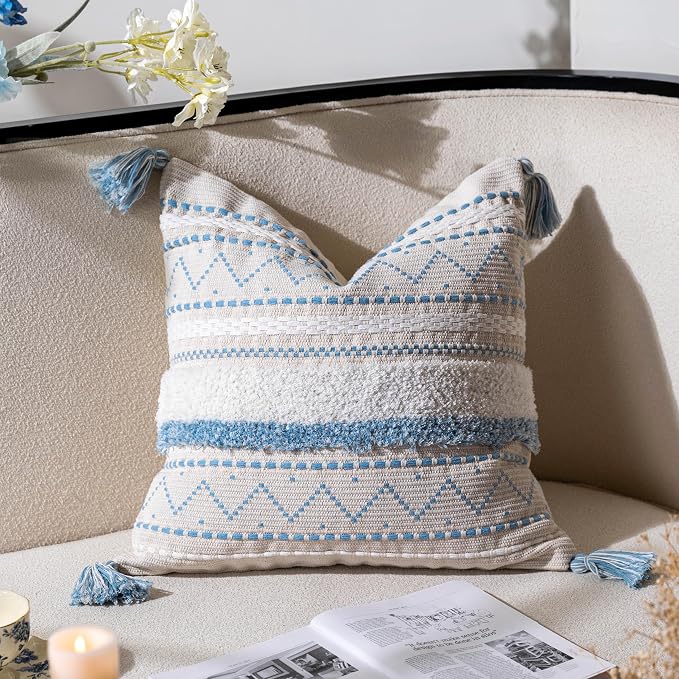 18X18 Throw Pillow Cover, Coastal Blue Square Decorative Cushion Cover, Boho Accent Pillowcase with Tassels for Couch Sofa Living Room (Cover Only)