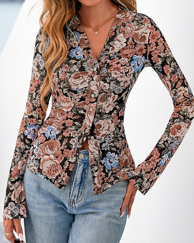 BTFBM Button Down Shirts for Women 2026 Fall Boho Tops V Neck Long Sleeve Blouses Ruched Mesh Fitted Fashion Clothing