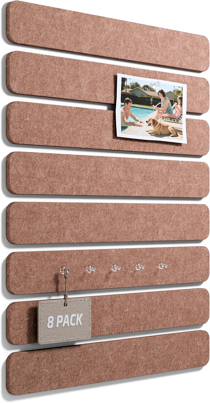 Fluxynara 13" x 2" Felt Wall Panels, Terracotta | 8-Pack Includes 50 Push Pins and Adhesive Tabs for Photos, Notes and Decor in Bedroom Doors, Home Office or Studios