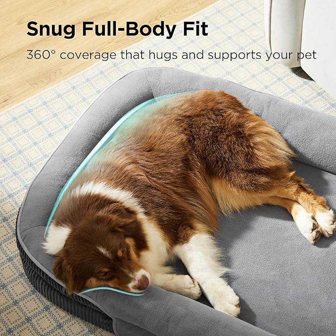 Bedsure Orthopedic Dog Bed Medium Size Dog - 360° Oval Bolster Medium Dogs Beds for Senior Dogs with Waterproof Washable Cover, Comfort Pet Sofa Couch with Ultra-Soft Fleece, Grey, 30"