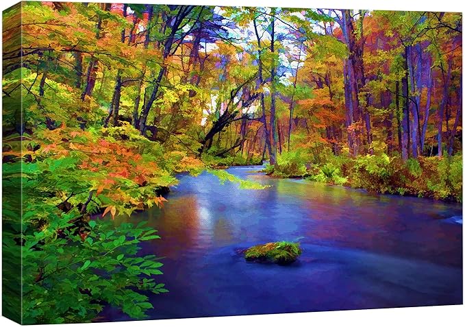 wall26 Canvas Print Wall Art Multicolor Autumn Forest with Blue River Floral Nature Illustrations Realism Bohemian Scenic Relax/Calm Cool for Living Room, Bedroom, Office - 32"x48"