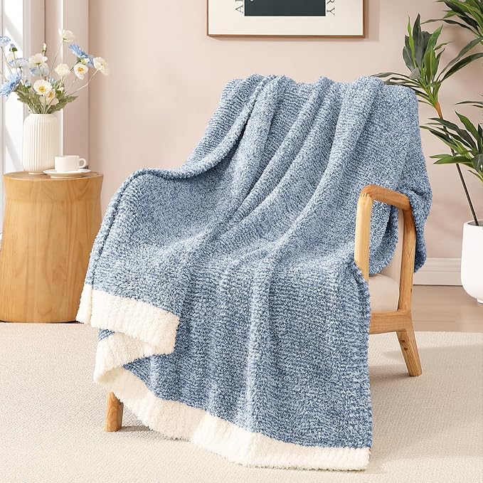 Soft Throw Blanket for Couch-Cozy Reversible Knitted Blankets | Lightweight Warm Fluffy Decor for Women, Mom, Her & Girls, Sofa, Chair, Bed, 50x60in, Cationic Dyeing Blue