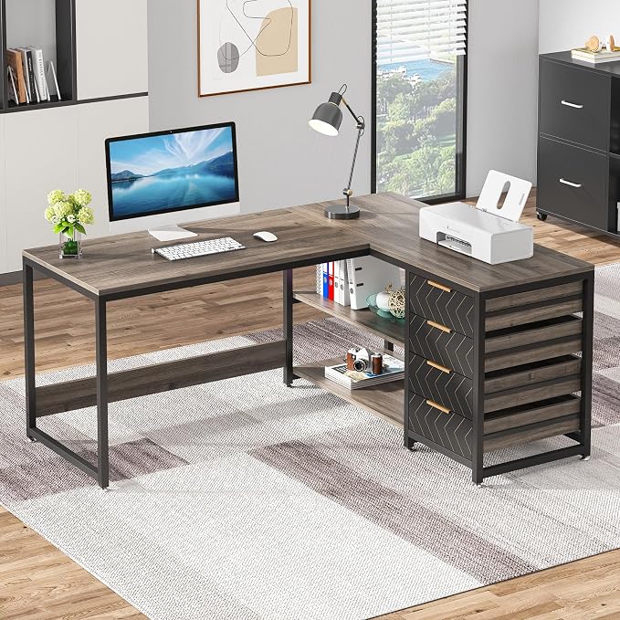Tribesigns L Shaped Computer Desk with Storage Drawers, 59 inch Corner Desk with Shelves, Reversible L-Shaped Office Desk Writing Table Workstation for Home Office, Grey