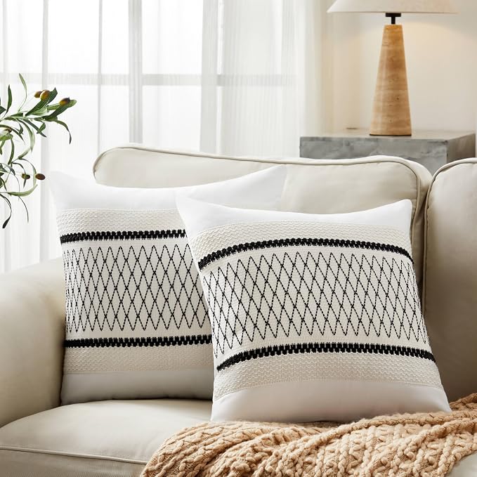 2pk Boho Pillow Covers 18x18, Natural White/Grid/Black | 100% Organic Cotton Body, Stripe Embroidery, Farmhouse Decorative Cushion Covers for Sofa Bed Living Room Home Decor
