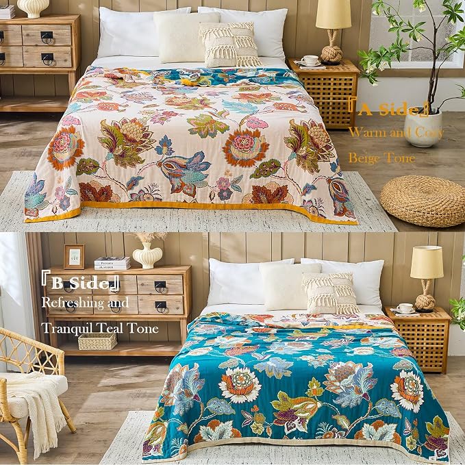 XIBLC Boho Throw Blanket 100% Cotton Vintage Blanket Muslin Woven Flower Decorative Throw Blankets All Season Bohemian Rustic Farmhouse Decor Quilt for Bed (Beige 80"x90")