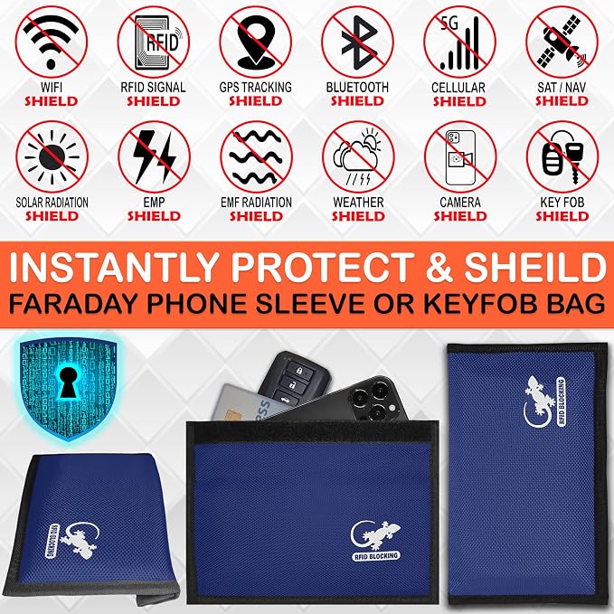 Gecko Travel Tech Blue Nylon Faraday Bag - Signal Blocker for Cell Phone, Car Key FOB, Data Privacy (BLUE - NYLON)