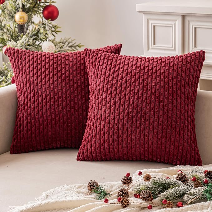 MIULEE Decorative Throw Pillow Covers 18x18 Burgundy Textured Corduroy | Pack of 2 Striped Pillow Covers Modern Farmhouse Home Decor for Couch Bed Sofa Living Room