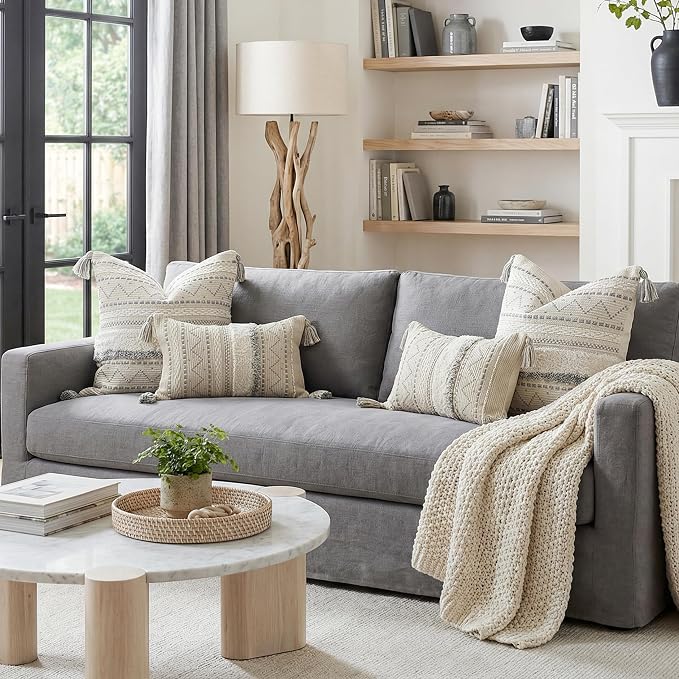 Gray Decorative Throw Pillow Covers 18X18 Combo Set of 2 Square Boho Neutral Grey Accent Pillowcase Tassels Farmhouse Cushion for Couch Sofa Bedroom Living Room Home Décor Cover ONLY