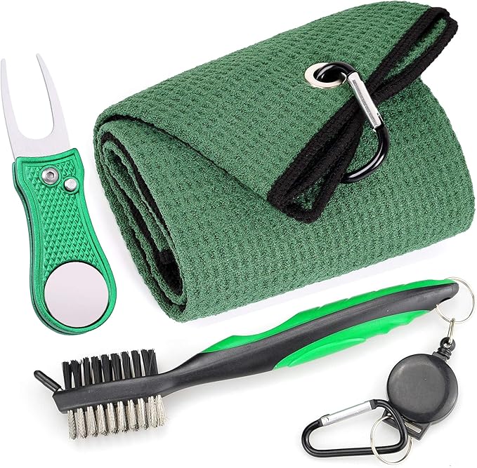 Mile High Life Microfiber Waffle Pattern Golf Towel | Club Groove Cleaner Brush | Foldable Divot Tool with Magnetic Ball Marker (Green Towel/Brush/Bone Divot)
